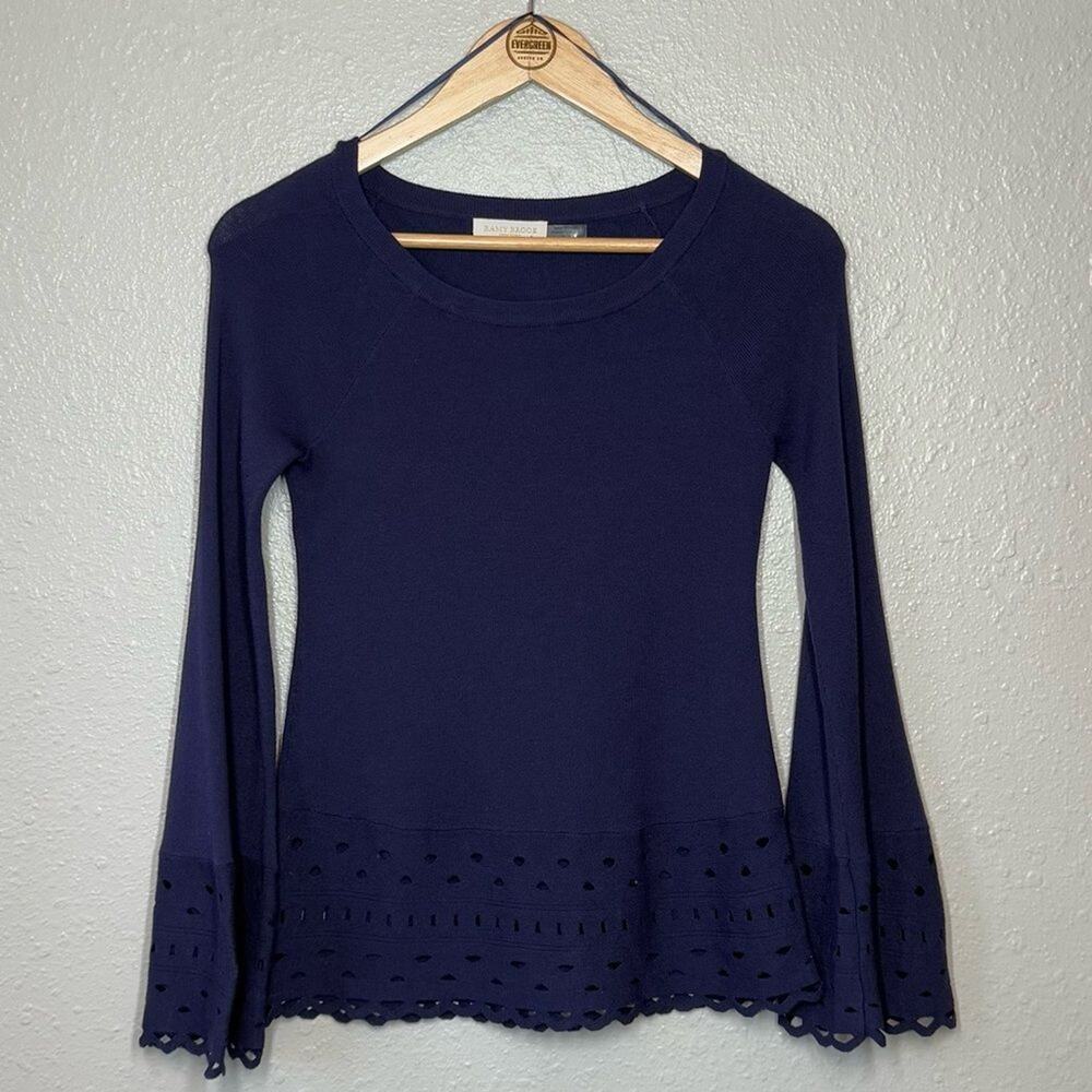 Ramy Brook Diane Sweater Laser-Cut Bell Sleeve Boatneck Navy Size Women's XS - Picture 8 of 9